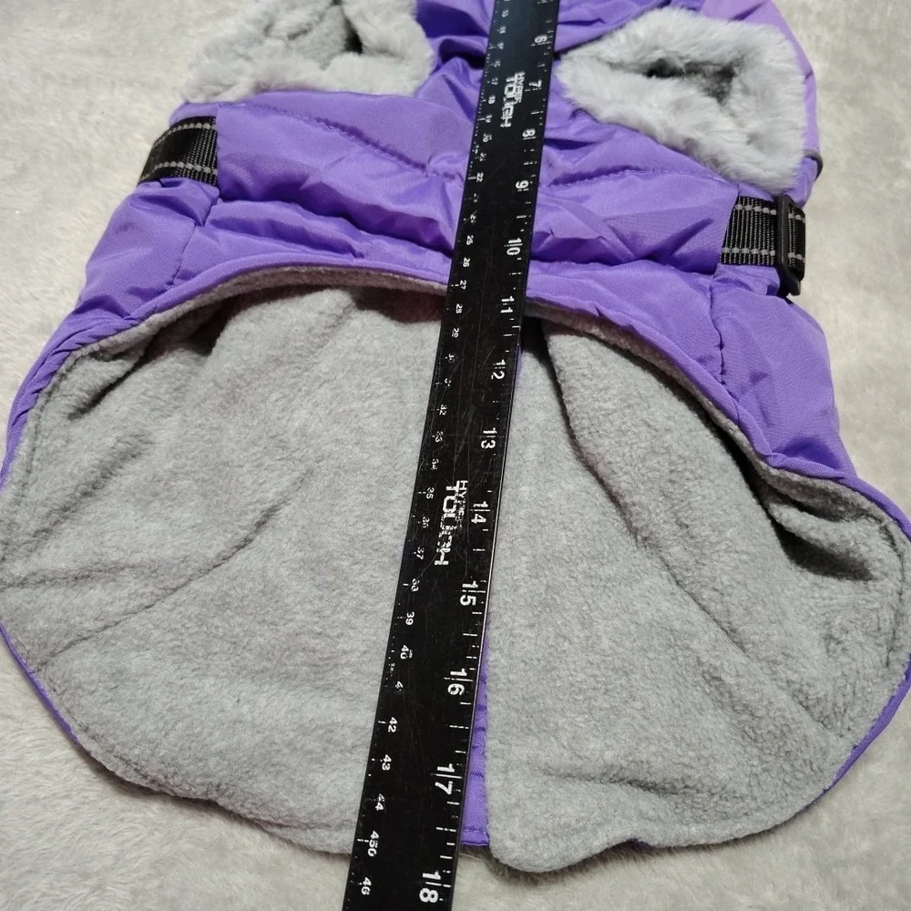 Pet Dog Jacket M W/Harness Purple Winter Warm Clothes Waterproof Faux Fur